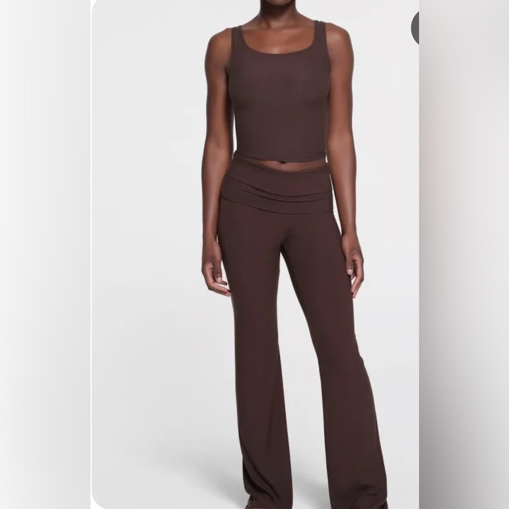 SKIMS Brown Ribbed Tank & Matching Flared Pants Set